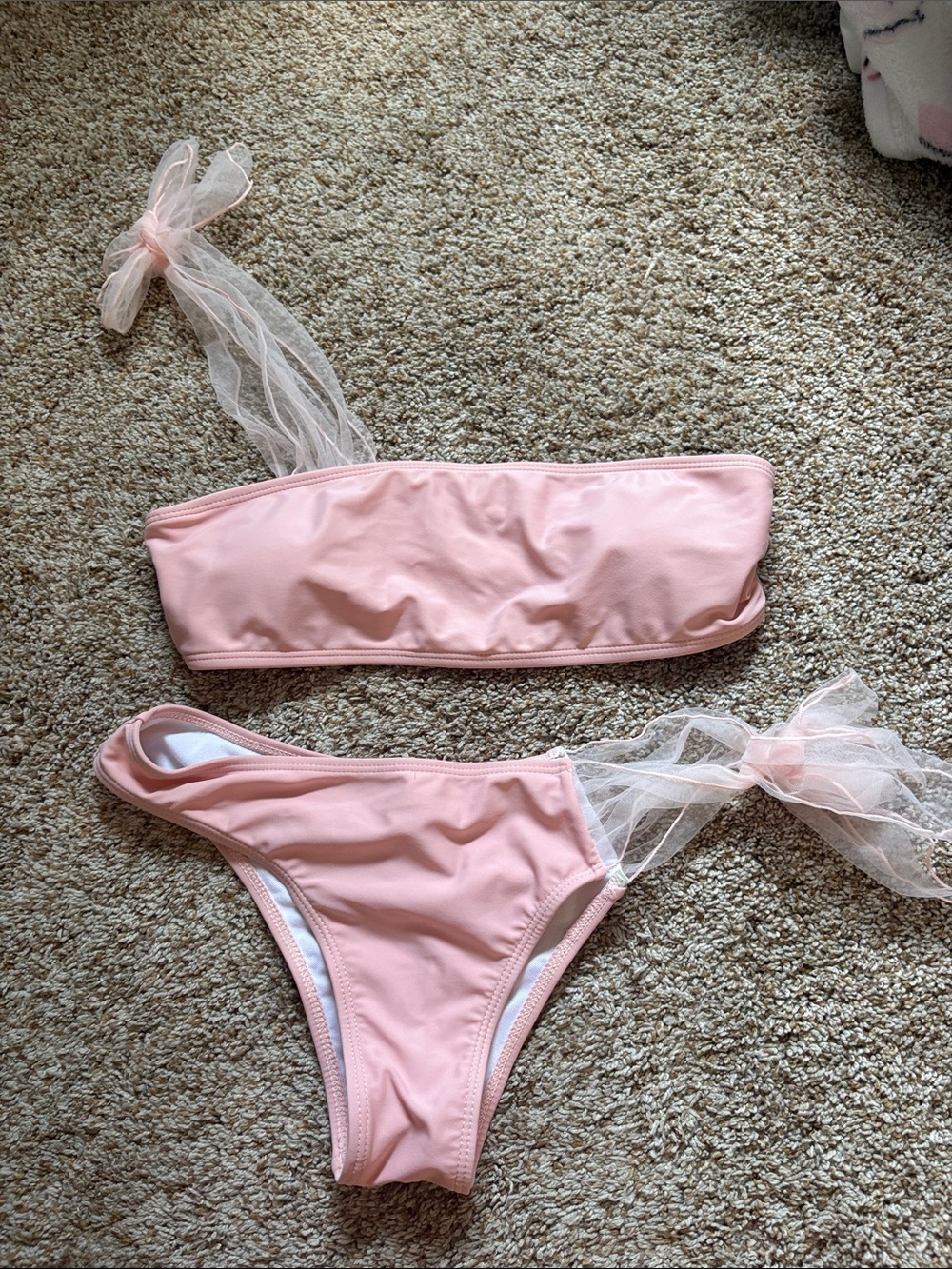 SHEIN Pink Bandeau Bikini with Tulle Tie Straps